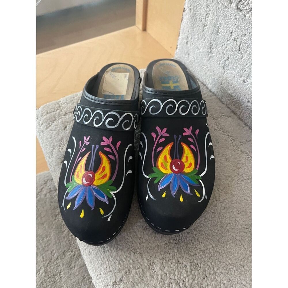 Hand-Painted Black Floral Clogs